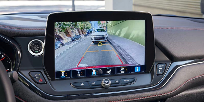 Interior view of the Chevrolet Blazer’s infotainment screen displaying the rear vision camera with parking assist lines.
