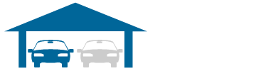 The image shows a blue icon of a carport or garage with two cars underneath. One car is colored blue and the other is colored gray.