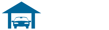 The image shows a blue icon of a car parked inside a garage.