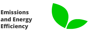 The image shows the text Emissions and Energy Efficiency next to a graphic of two green leaves.