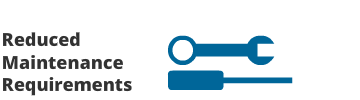 The image shows the text Reduced Maintenance Requirements on the left side and an icon of a wrench and a screwdriver crossed over each other on the right side. The icon is blue.